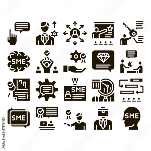 Sme Business Company Glyph Set Vector. Sme Small And Medium Enterprise, Communication And Education, Badge And Case Glyph Pictograms Black Illustrations