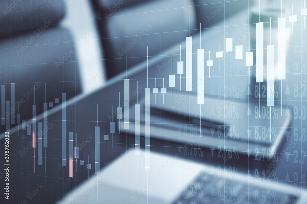 Double exposure of abstract creative financial diagram on modern laptop background, banking and accounting concept Double exposure of abstract creative financial diagram on modern laptop background, banking and accounting concept
