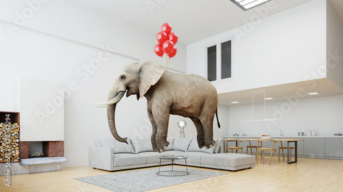 Elephant floats with balloons in the loft with ease