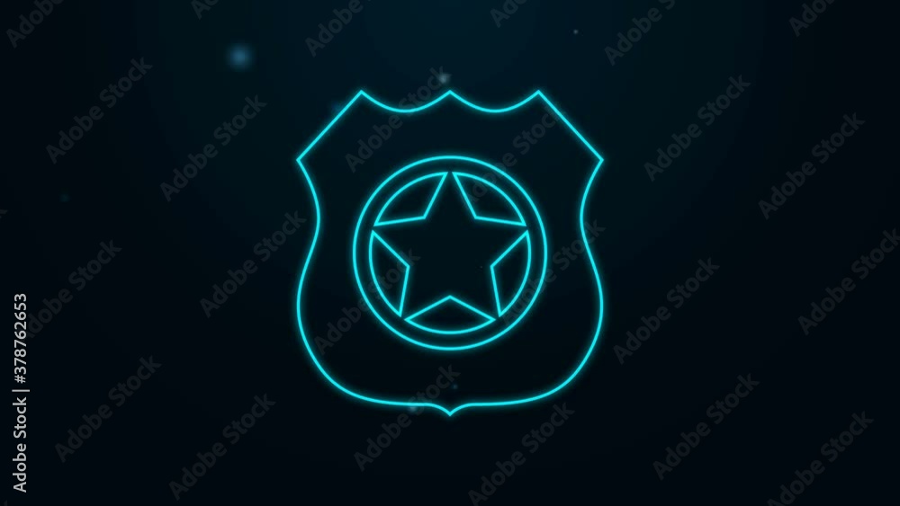 Glowing neon line Police badge icon isolated on black background. Sheriff badge sign. 4K Video motion graphic animation. Glowing neon line Police badge icon isolated on black background. Sheriff badge sign. 4K Video motion graphic animation.