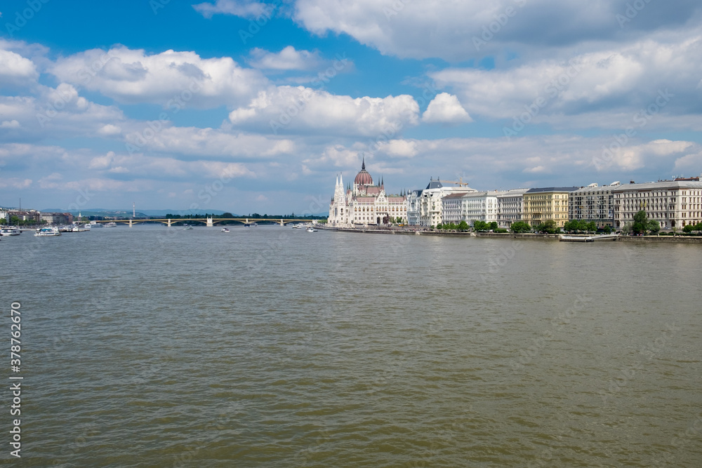 Majestic panoramic view of tourist attractions of Budapest, Hungary, famous chain bridge and Danube river 