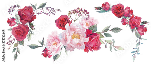 Wallpaper Mural Watercolor bouquets of rose, peonies and herbs. Torontodigital.ca