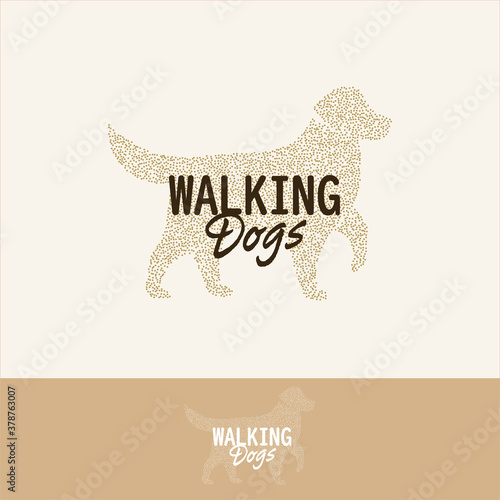 Halftone dog silhouette, walking dogs logo template, dogs trainer emblem, dogs clinic label, retriever vector isolated logo.