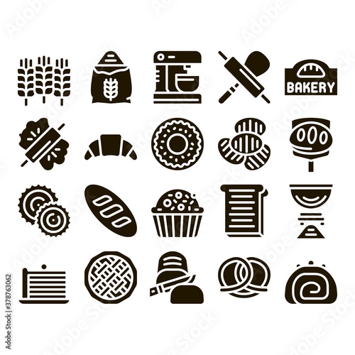 Bakery Tasty Food Glyph Set Vector. Bakery Cake And Bread, Pie And Donut, Cookie And Croissant, Wheat And Flour Glyph Pictograms Black Illustrations