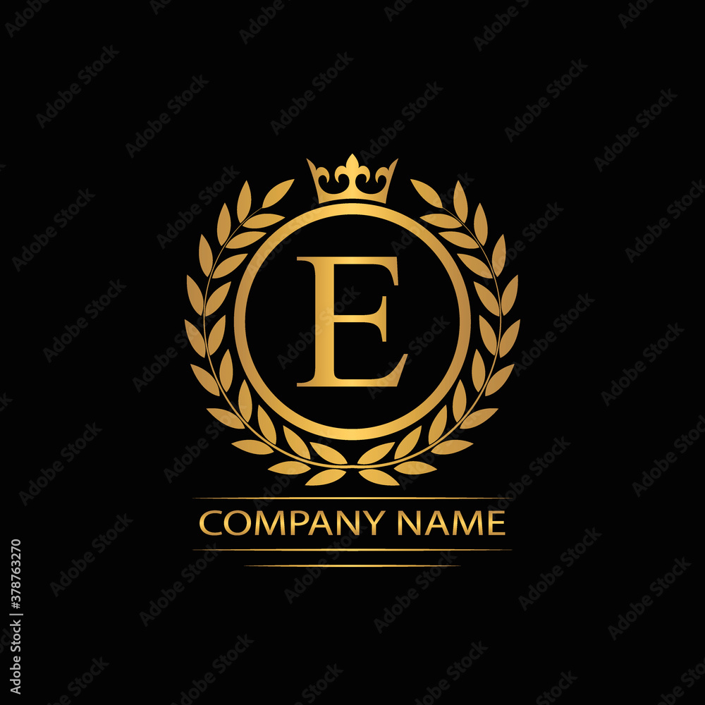 Golden Letter E laurel wreath template logo Luxury gold letter with crown. Monogram alphabet . Beautiful royal initials letter. Golden Letter E laurel wreath template logo Luxury gold letter with crown. Monogram alphabet . Beautiful royal initials letter.