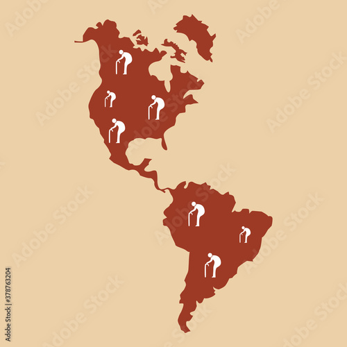 Aging society in America, continent and population flat design.
