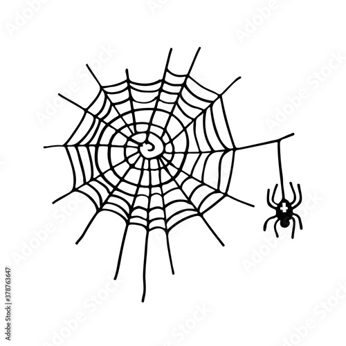 Halloween sign. Cobweb and spider with cross. Black-and-white illustration. Use for printing  posters  T-shirts  textile drawing  print pattern