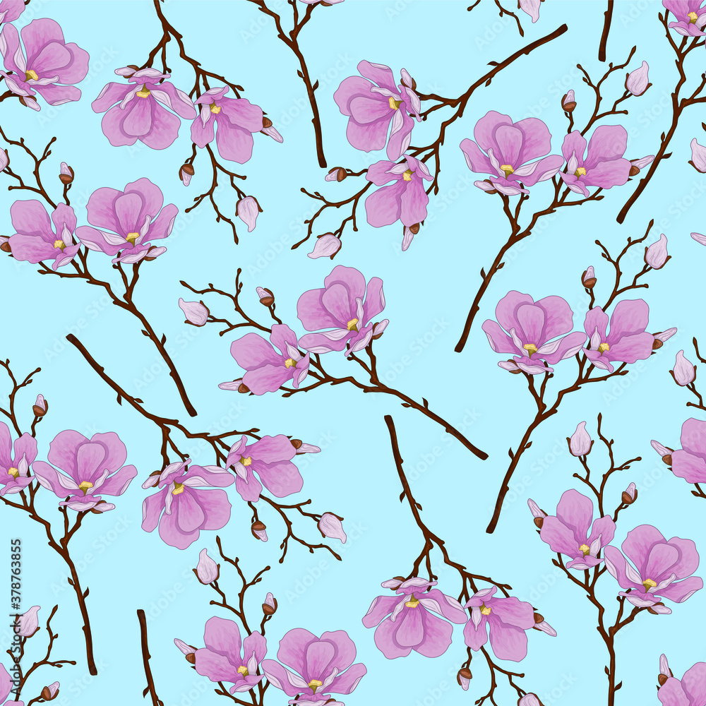 Fototapeta Realistic magnolia flowers seamless pattern template. Cartoon vector illustration in pastel pink colors for games, background, pattern, wallpaper, decor. Print for fabrics and other surface.