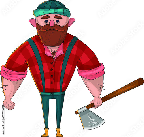 Cartoon lumberjack character with an  ax. Colorful woodcutter vector illustration for games, background, pattern, wallpaper, decor. Print for fabrics and other surfaces.