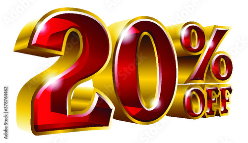 20% off - Twenty percent off discount gold and red sign. Vector illustration. Special Offer 20 % Off Discount Tag. Ideal for Sticker, Banner, Advertising, TV Commercial and any kind of Decoration.