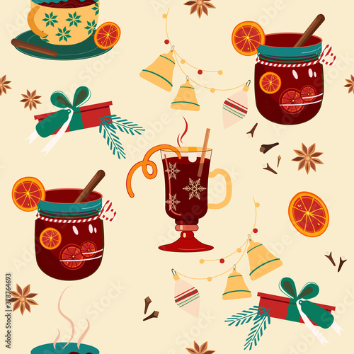 Seamless pattern with mulled wine in mug,special glass,jar with stripped tube,bow.Punch,Hot drink for Christmas.Print for New year party.Anise,cinnamon stick,orange slices for better aroma.Xmas gifts