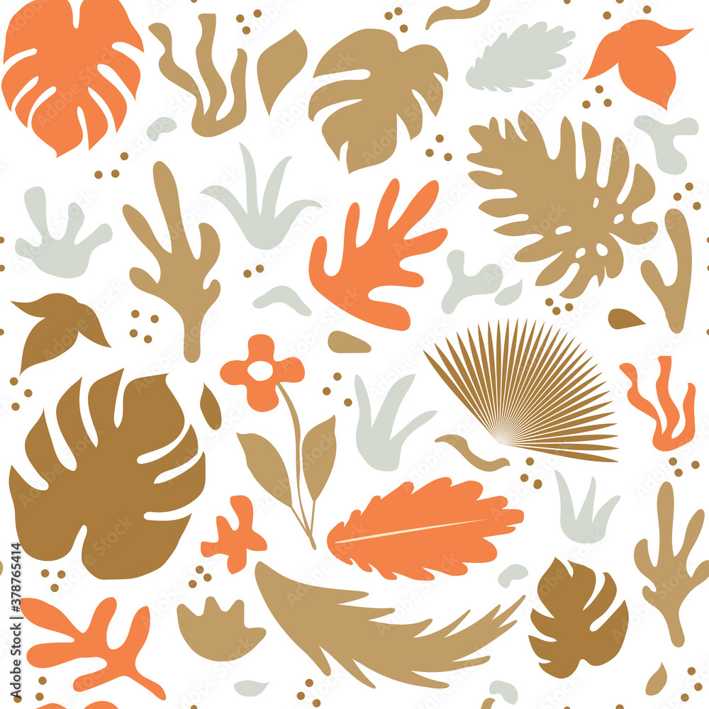 Abstract modern plants seamless pattern, palm leaves, fern, monstera endless texture. Greenery and flowers botanical background. Vector illustration Abstract modern plants seamless pattern, palm leaves, fern, monstera endless texture. Greenery and flowers botanical background. Vector illustration