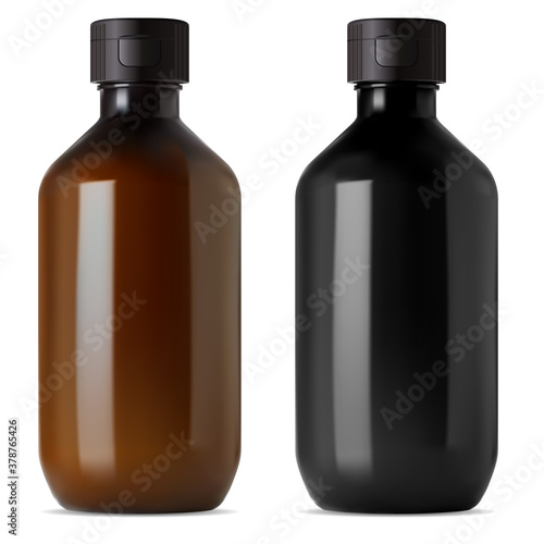 Brown and black glass medical bottle. E liquid or essential oil vial mockup. 3d flask for medical syrup, organic pharmacy. Cosmetic aroma essence glossy flacon illustration, realistic serum treatment