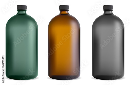 Black glass bottle. Medical syrup jar. Pharmaceutical vitamin container mockup. Brown chemical template with screw cap vintage design translucent 3d vial. Cosmetic shampoo, spa juice
