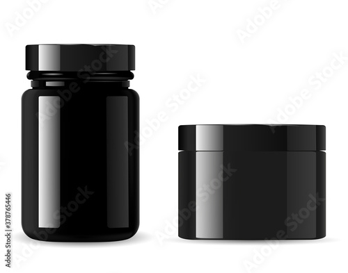 Black cosmetic bottle set. Cream jar vector mockup. Glossy glass container for powder or wax. Sport supplement packaging blank for whey protein powder. Plastic can, isolated