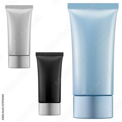 Cream tube mockup. Cosmetic squeeze package blank. Plastic toothpaste container realistic template. Flexible beauty makeup container. Hand creme product box mock up, foam, aftershave gel
