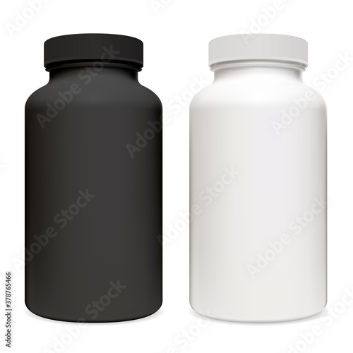 Vitamin supplement packaging. Black and white plastic pill container vector 3d template. Pharmacy tablet jar illustration without label and logo. Prescripton drugs box mockup set isolated
