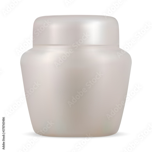 Cosmetic jar mockup. Realistic cream bottle blank vector template. White container for body lotion with lid. Round plastic hand skin care creme package isolated. Face moisturizer product pot