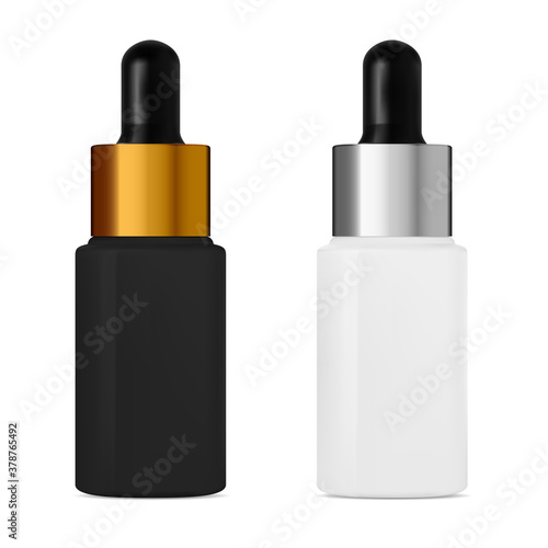 Serum dropper bottle with pipette. Cosmetic aroma oil container design. Face collagen treatment vial. Black and white eyedropper flask with silver and gold cap