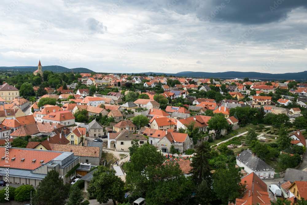 Obraz premium The panoramic cityscape of the historical center of medieval capital city of Hungary, Veszprem, located on the famous tourist Castle hill near the resort Lake Balaton