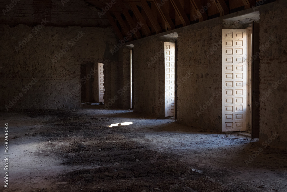 Beautiful hall with three windows in an abandoned palace Beautiful hall with three windows in an abandoned palace