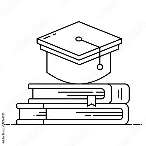 
Mortarboard with books, icon of thesis in flat style 
