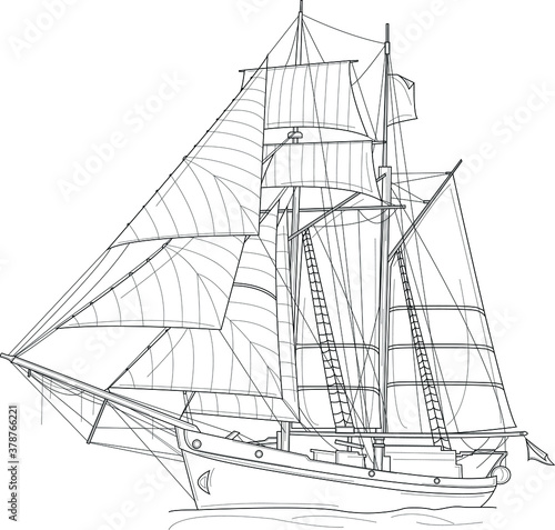 Realistic sailing boat sketch template. Cartoon vector illustration in black and white for games, background, pattern, decor. Print for fabrics and other surfaces. Coloring paper, page, story book