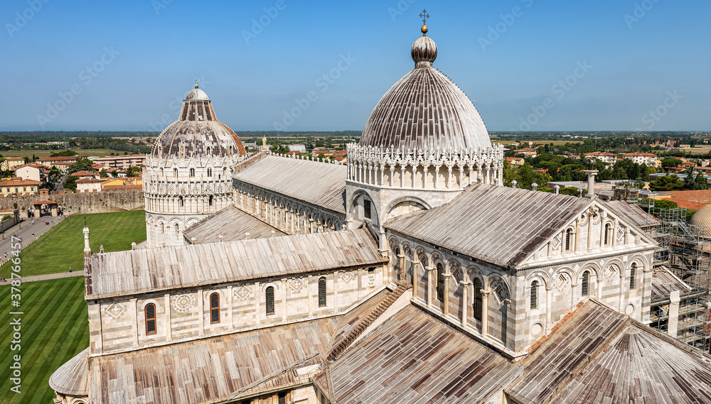 Pisa Cathedral (Duomo of Santa Maria Assunta) and the Baptistery of Saint John, view from the Leaning Tower, Square of Miracles (Piazza dei Miracoli). Tuscany, Italy, Europe