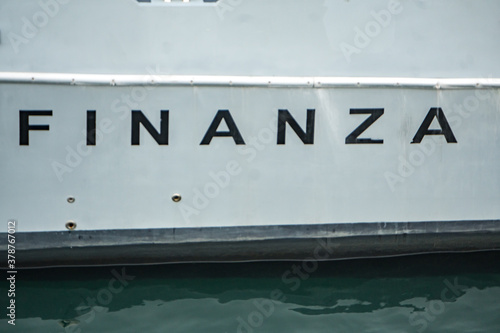 Formia, Italy - August 30, 2020: Italian Financial Guard signage on a patrol boat. The Guardia di Finanza (GdF) is an Italian law enforcement agency