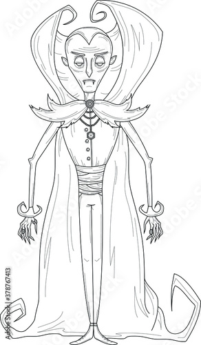 Cartoon vampire character in blak and white.Vector illustration of a gothic man in cape for games, background, pattern, wallpaper, decor.Print for fabrics and other surfaces.Coloring paper, story book