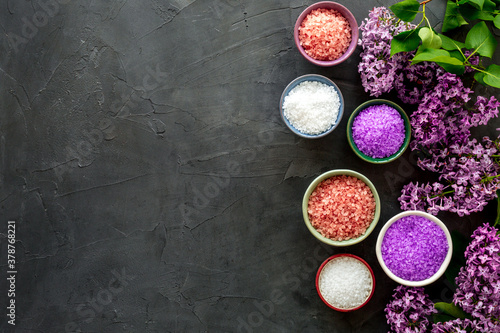 Spa treatment set - sea salt and pink flowers, top view