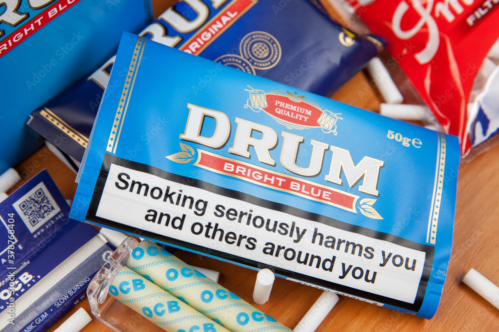 Moscow, Russia - September 17, 2020: Package of Drum Bright Blue rolling  tobacco and smoking accessories Stock Photo | Adobe Stock