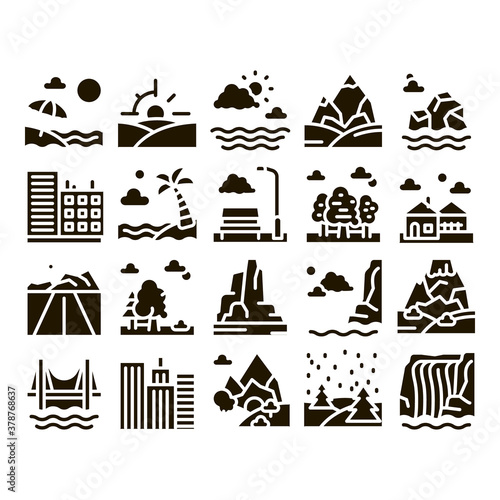 Landscape Travel Place Glyph Set Vector Thin Line. City And Seaside, Island And Mountain, Bridge And Park Landscape Glyph Pictograms Black Illustrations