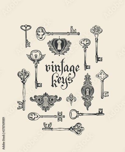 Banner with black hand-drawn keys, keyholes and the inscription in retro style. Gothic font. Vintage vector illustration