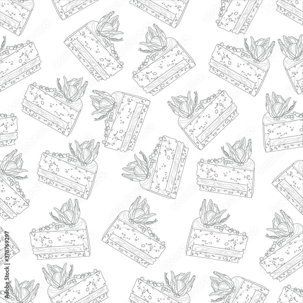 Realistic cake slices with fruit on top seamless pattern. Cartoon vector illustration in black and white for games, background, pattern, decor. Print for fabrics and other surfaces. Coloring paper