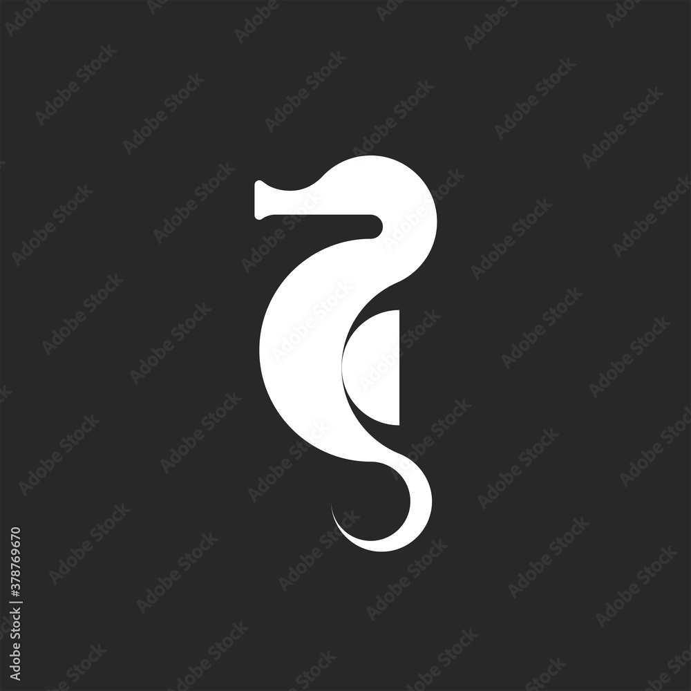 Seahorse logo sea fish icon, simple idea in black and white minimal style. Seahorse logo sea fish icon, simple idea in black and white minimal style.