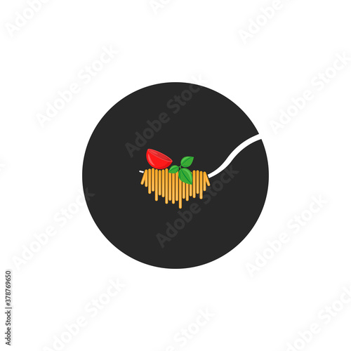 Spaghetti rolled on a fork with cherry tomato and green basil leaves on a black background round shape food logo, menu emblem for a pasta restaurant.