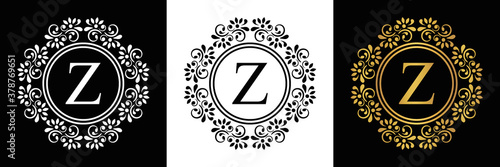  Gold letter  Z Vintage set black, white and golden flower ornament initial letters.  Alphabet. Logo vector 