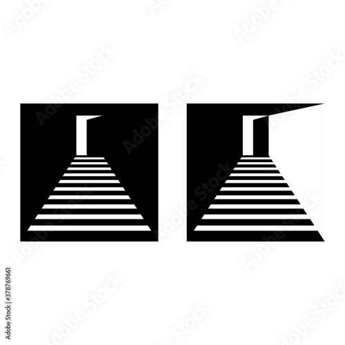 Stairs logo isometric square shape minimal style negative space, steps going up to the doorway with an open door, staircase architectural icon.