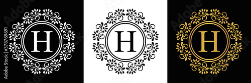  Gold letter  H Vintage set black, white and golden flower ornament initial letters.  Alphabet. Logo vector 