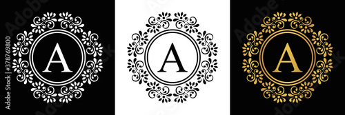  Gold letter  A Vintage set black, white and golden flower ornament initial letters.  Alphabet. Logo vector 