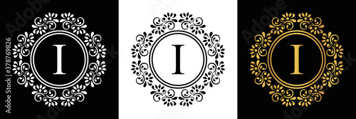  Gold letter  I Vintage set black, white and golden flower ornament initial letters.  Alphabet. Logo vector 