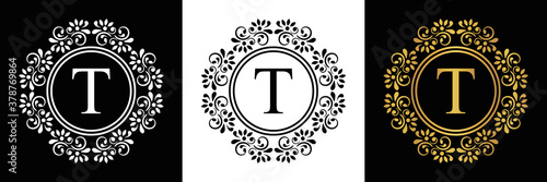  Gold letter  T Vintage set black, white and golden flower ornament initial letters.  Alphabet. Logo vector 