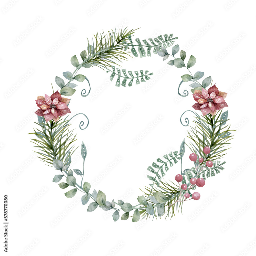 Watercolor Christmas set of wreath with christmas tree spruce branches, flower and berries on a white background isolated. Holiday decoration winter element Scandinavian invitation style Watercolor Christmas set of wreath with christmas tree spruce branches, flower and berries on a white background isolated. Holiday decoration winter element Scandinavian invitation style