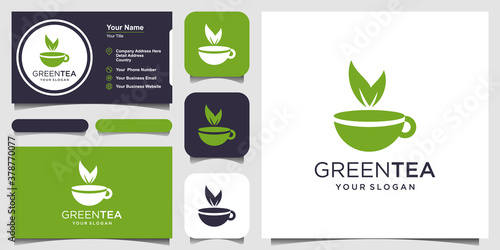 Cup of tea with leaf element logo and business card design. Tea house vector design. Hot aroma tea with green leaves logotype.