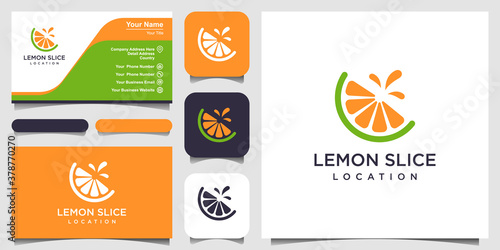 Lemon slice citrus flat vector logo and business card design