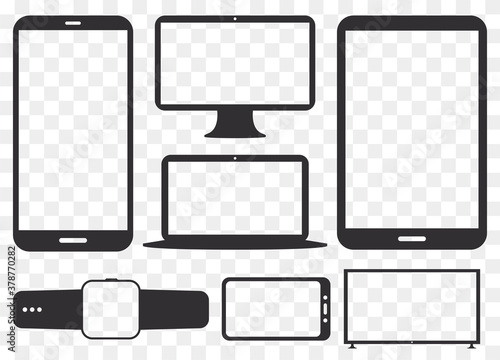 Mobile Phone, Tablet PC, Computer Monitor, Laptop Screen and Smart Watch Silhouette Vector Icon Set. Transparent and Flat Icons for Digital Devices.
