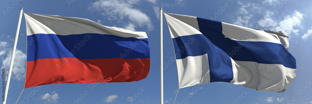 Waving flags of Russia and Finland on flagpoles, 3d rendering Waving flags of Russia and Finland on flagpoles, 3d rendering