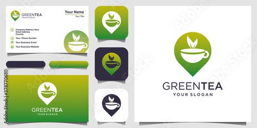 Cup of tea with Pin location Logo Design Element and business card design. Tea house vector design. Hot aroma tea with green leaves logotype.