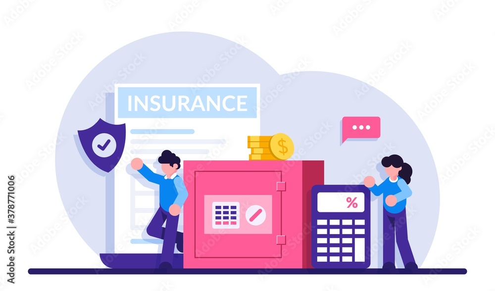 Insurance payment concept. People stand near the safe for money and calculator of calculation of insurance payments. Financial services. modern flat illustration.